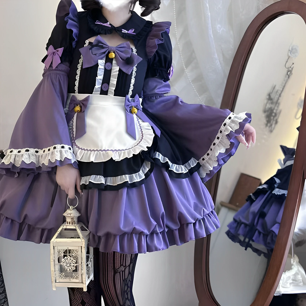 Purple and Black Lace Gothic Maid Lolita Dress Set with Bell Bows