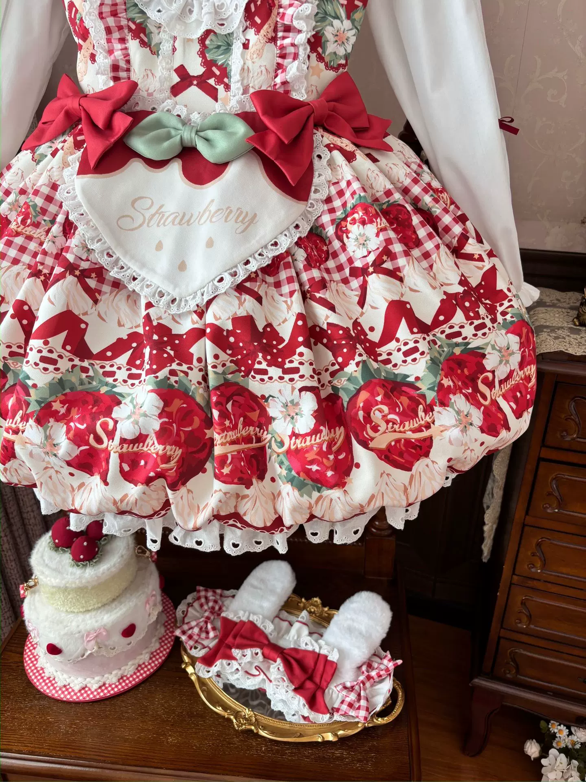 Sweet Maid Lolita Long Sleeve OP Dress Set with Strawberry Print and Heart Apron