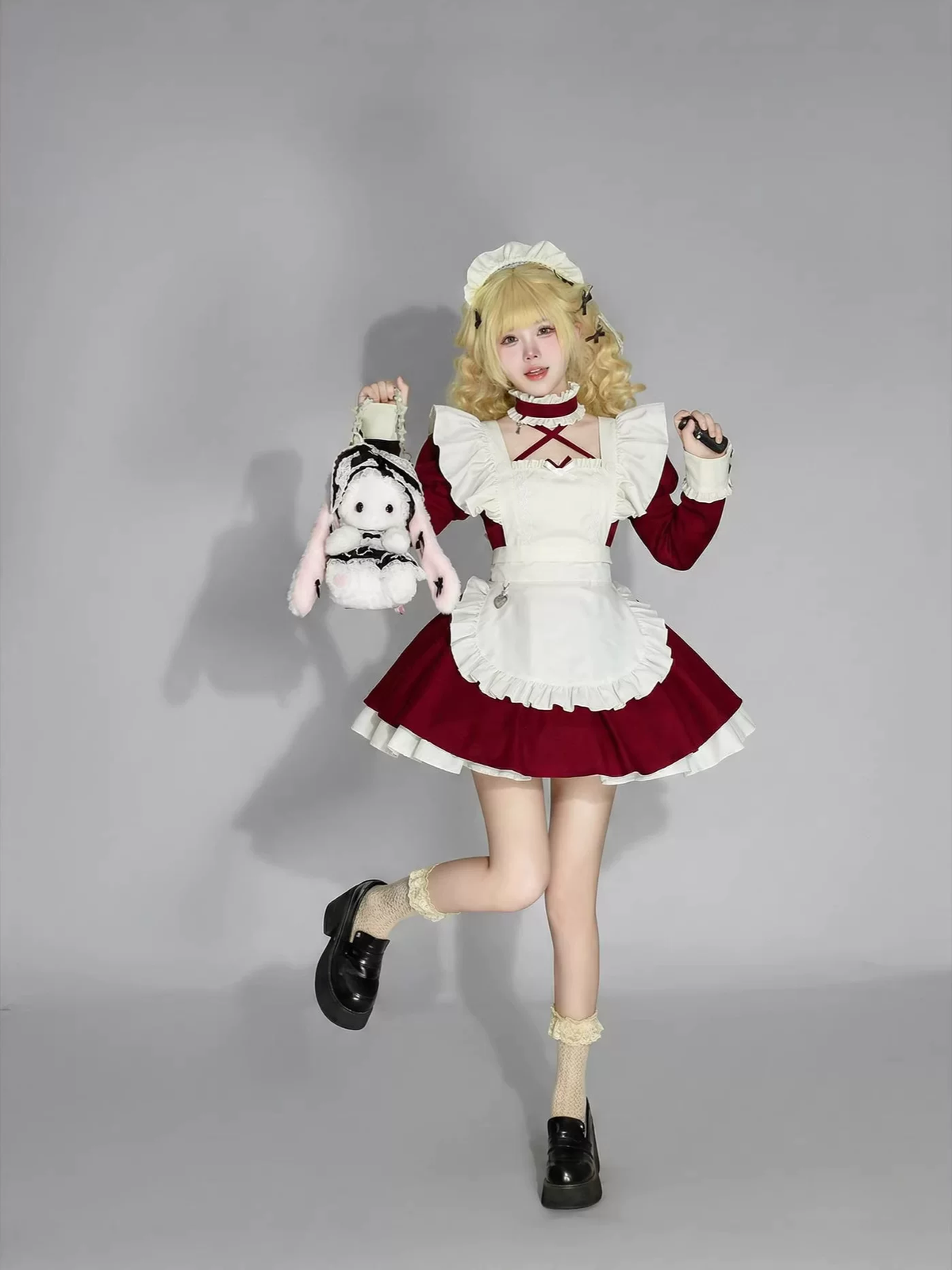Classic Maid Lolita Long Sleeve OP Dress Set with Crisscross Neckline and Heart Pendant Apron