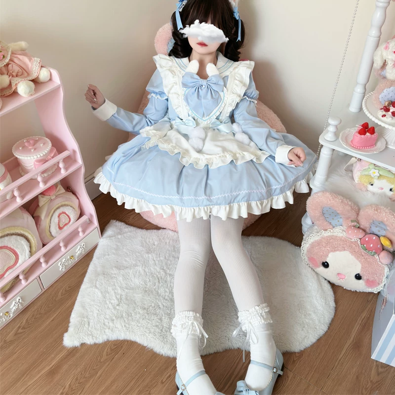 Sweet Maid Lolita OP Dress Set with Detachable Sleeves and Plush Pom-Pom Ribbon Apron