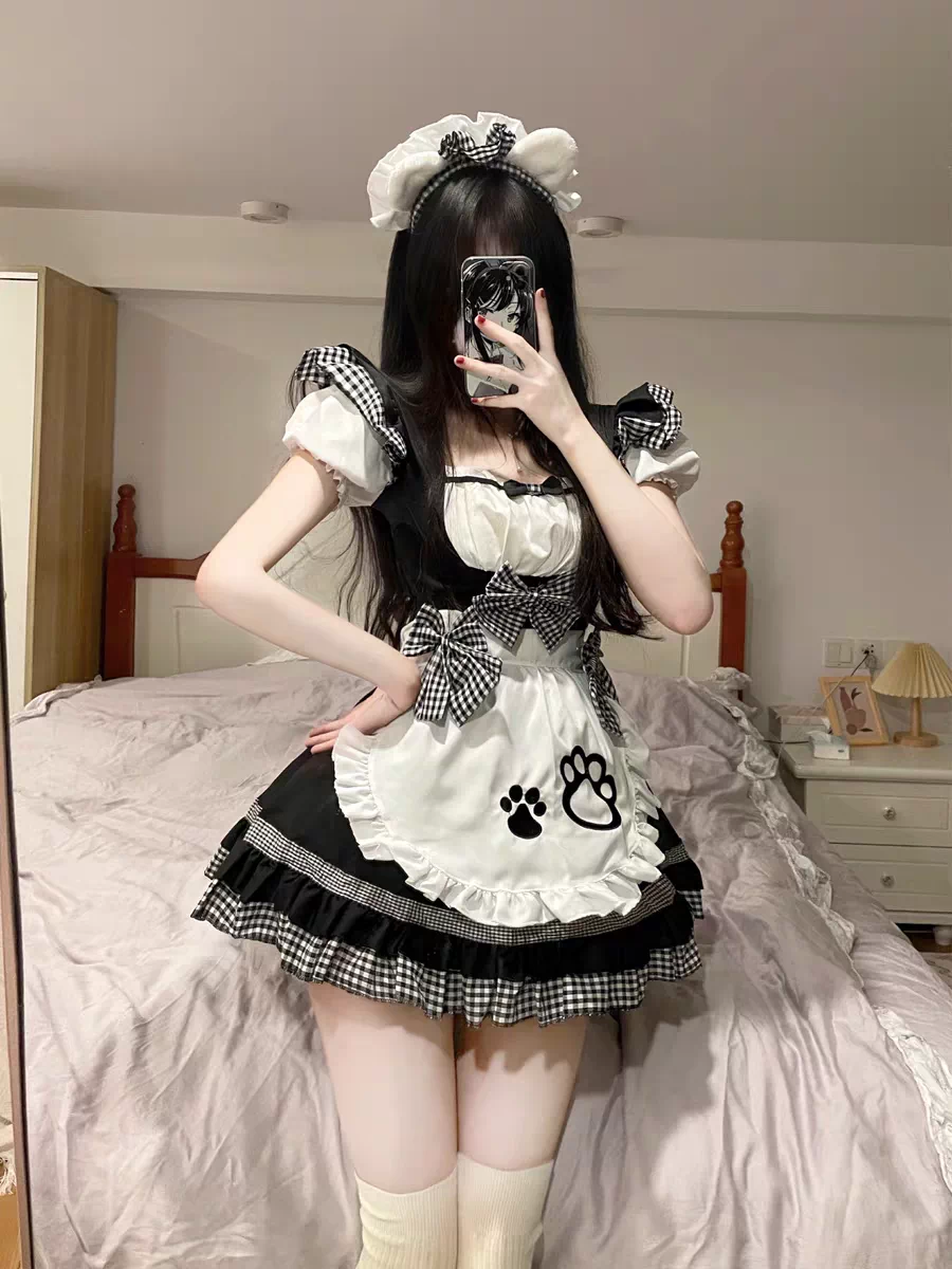 Sweet Maid Lolita Short Sleeve OP Dress Set with Cat Paw Patch Apron and Plaid Bow Accents
