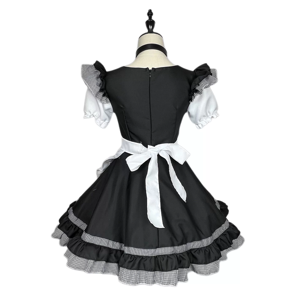 Sweet Maid Lolita Short Sleeve OP Dress Set with Cat Paw Patch Apron and Plaid Bow Accents