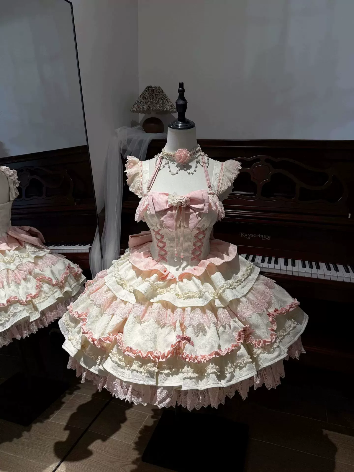 Princess Tea Party Sweet Lolita Dress with Twin Crisscross Laced Bodice and Tiered Skirt