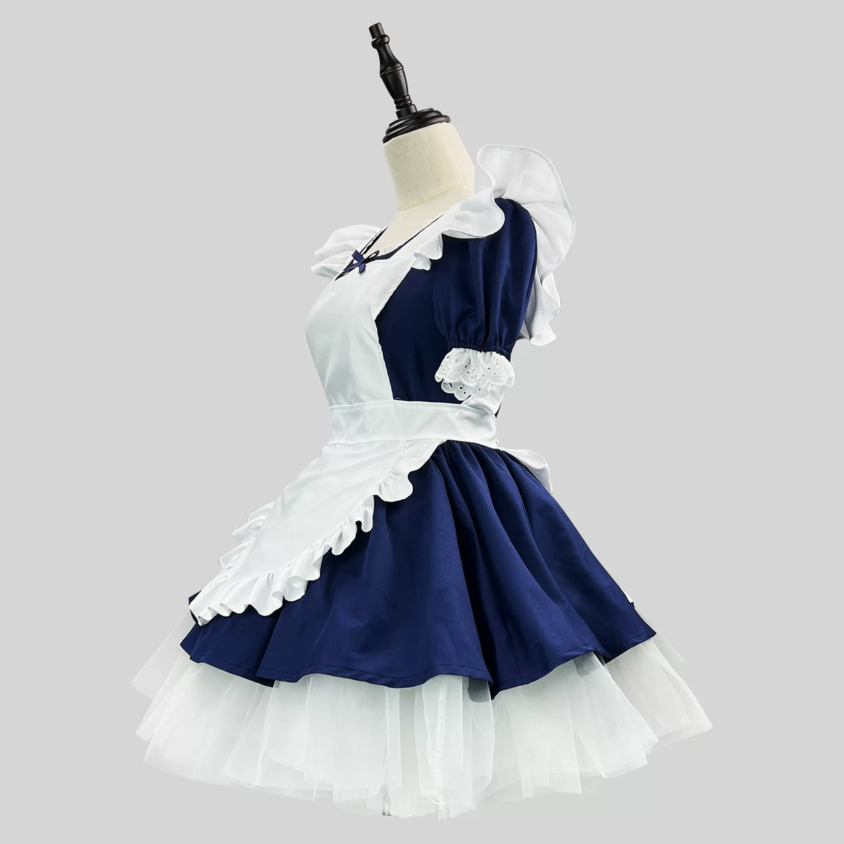 Navy Blue and White Lace Maid Lolita Dress Set with Bows