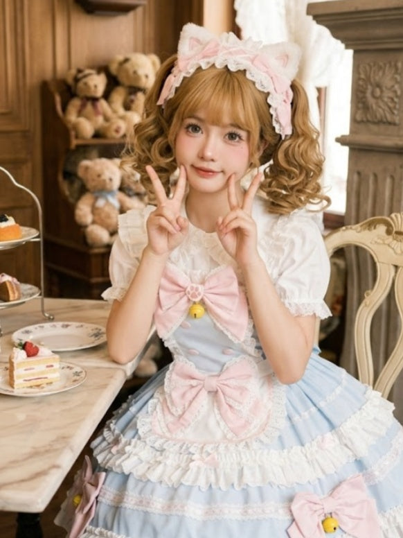 Light Blue Pink Ruffled Lolita Dress with Bows and Bell Decor