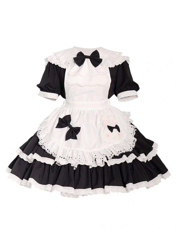 Lolita Style Ruffle Dress with Apron and Bow Accents