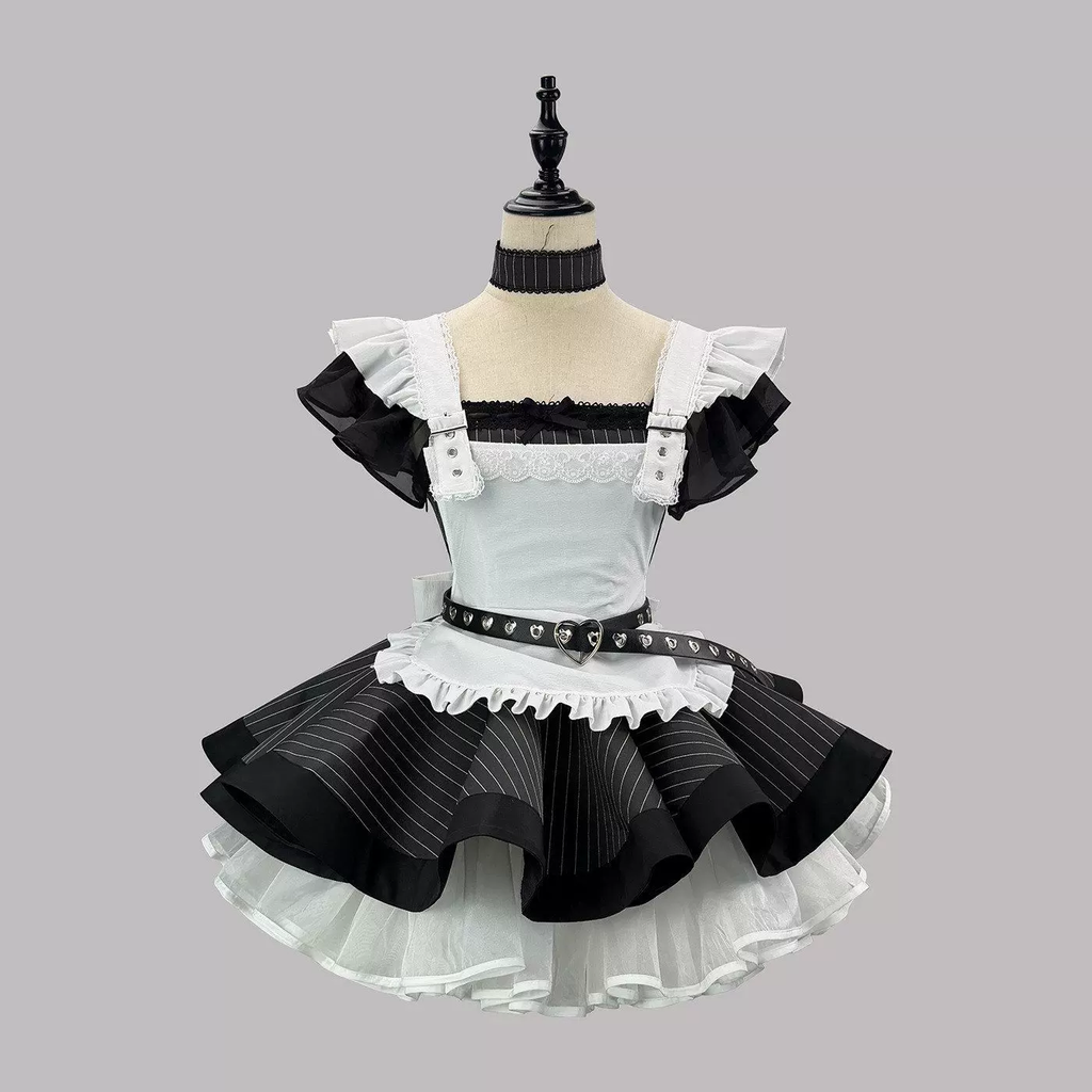 Sweet Maid Lolita Short Sleeve OP Dress Set with High-Waist Heart Buckle Belt and Fitted Waistband