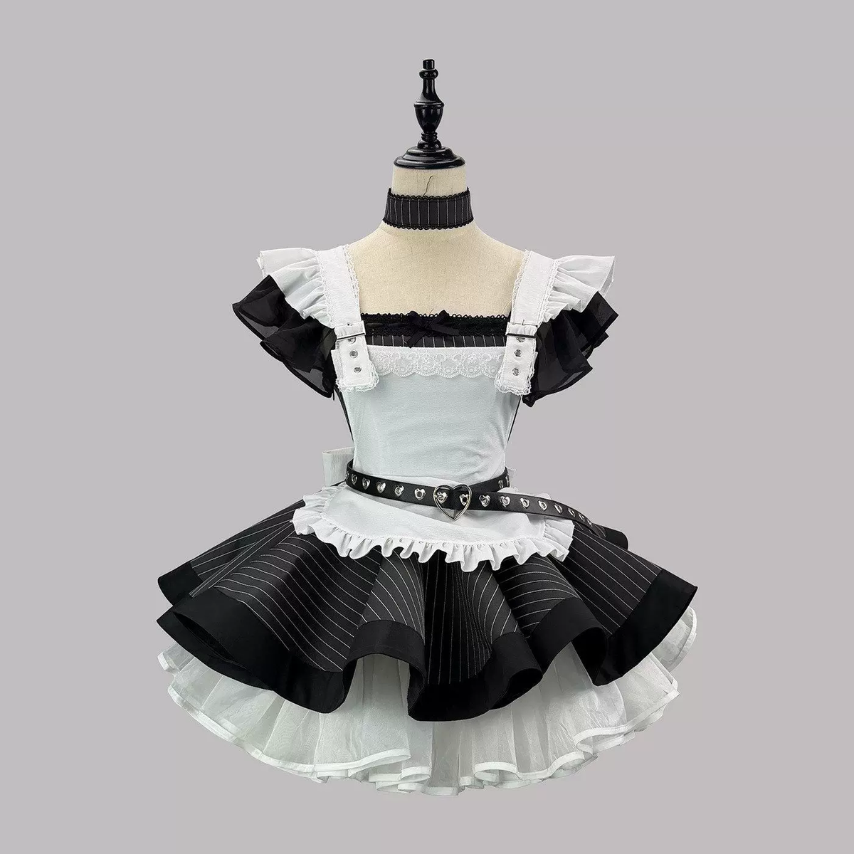 Sweet Maid Lolita Short Sleeve OP Dress Set with High-Waist Heart Buckle Belt and Fitted Waistband