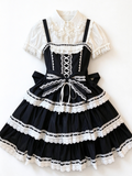 Black White Lace Tiered Lolita Jumper Dress with Blouse