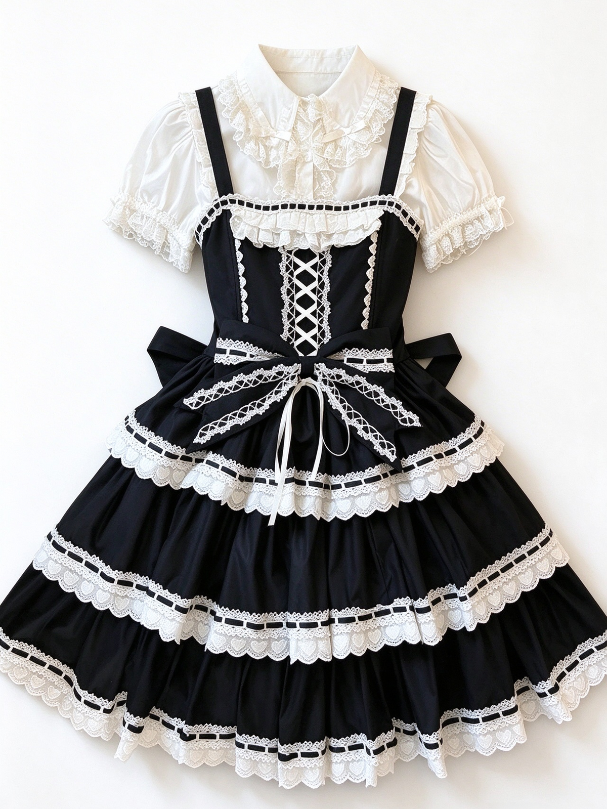 Black White Lace Tiered Lolita Jumper Dress with Blouse