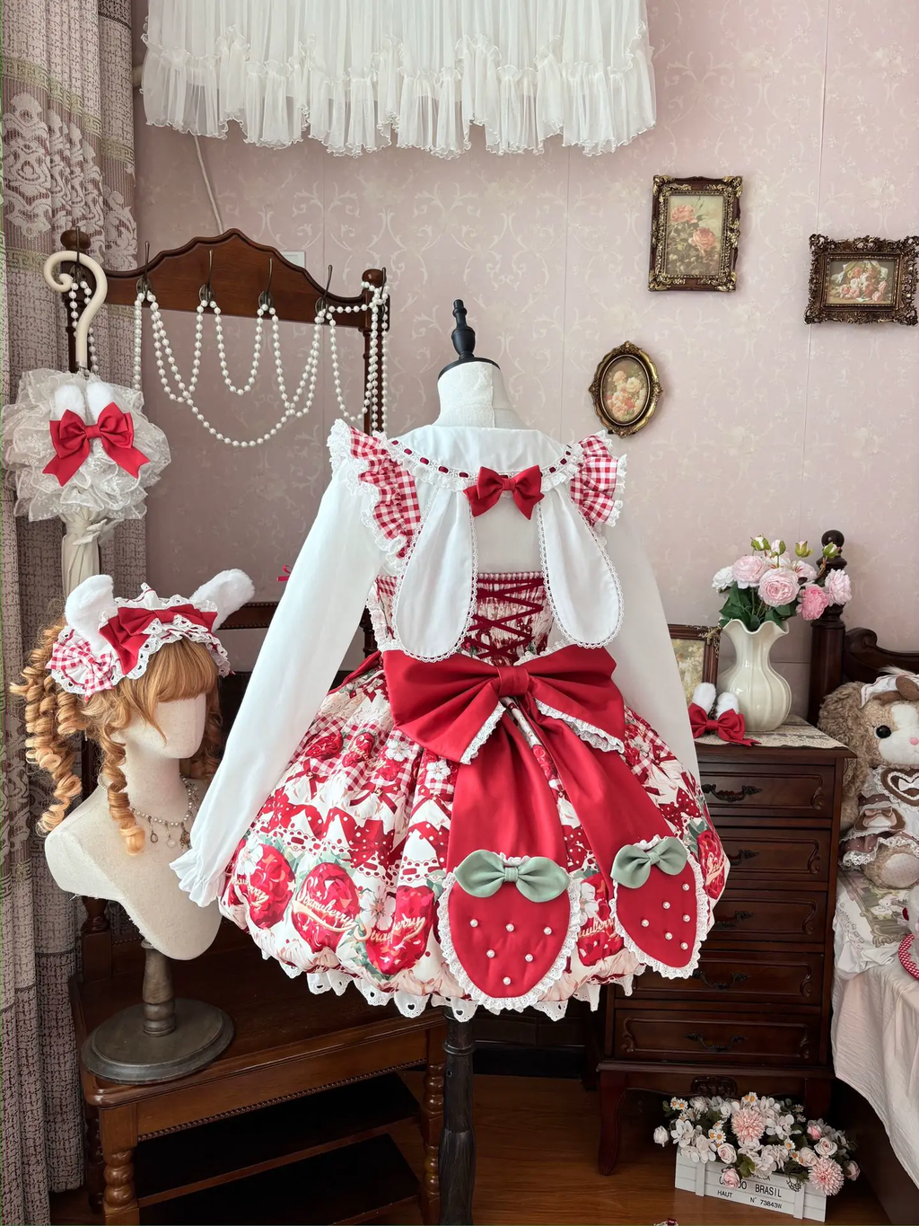 Sweet Maid Lolita Long Sleeve OP Dress Set with Strawberry Print and Heart Apron