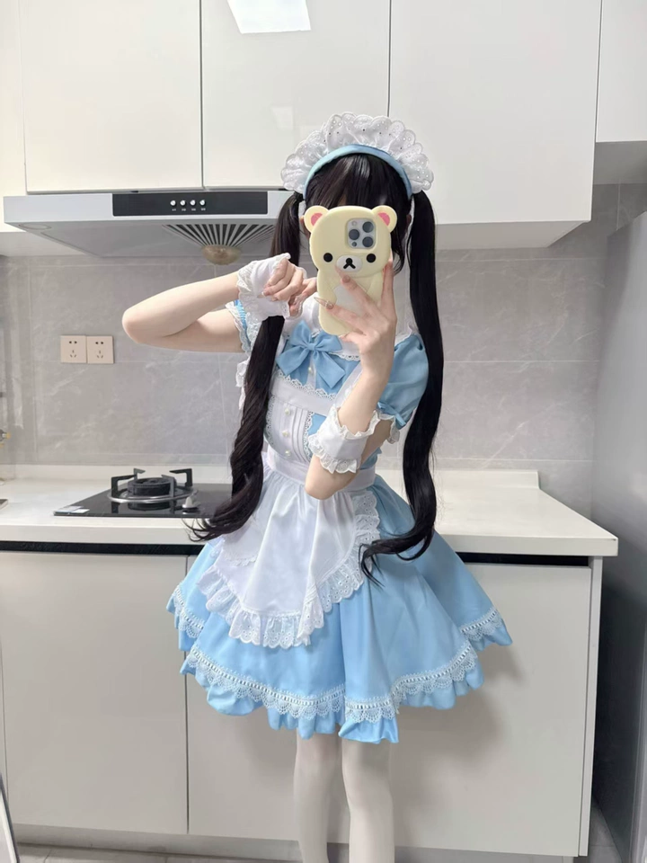 Sweet Maid Lolita Short Sleeve OP Dress Set with Pleated Pearl Yoke and Eyelet Lace Apron