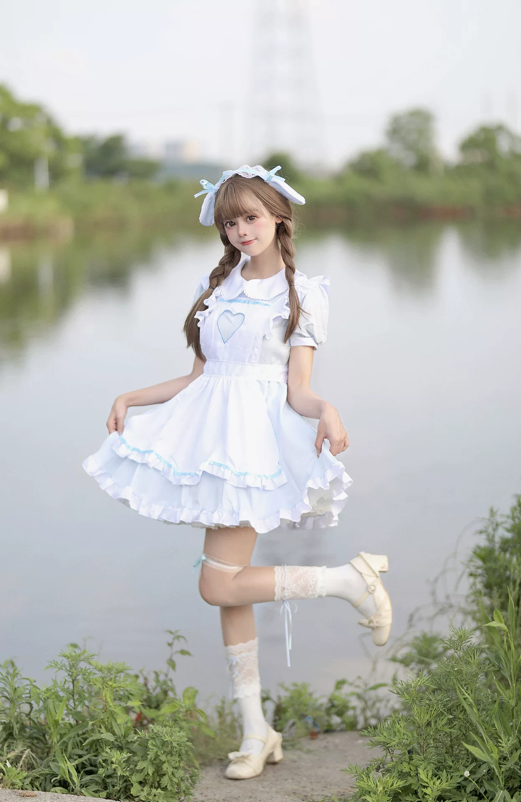 Blue and White Lace Maid Lolita Jumper Dress with Heart Apron