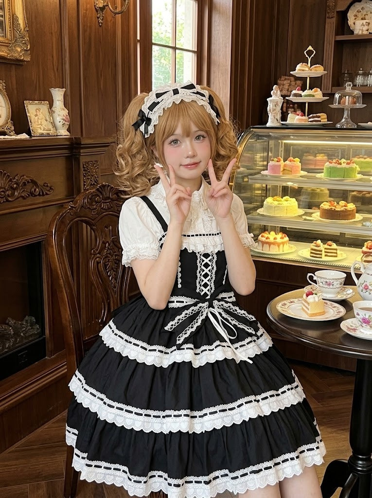 Black White Lace Tiered Lolita Jumper Dress with Blouse