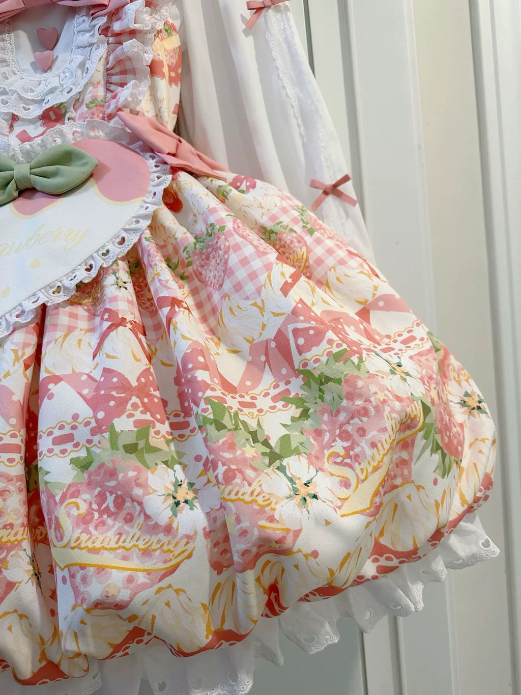 Sweet Maid Lolita Long Sleeve OP Dress Set with Strawberry Print and Heart Apron