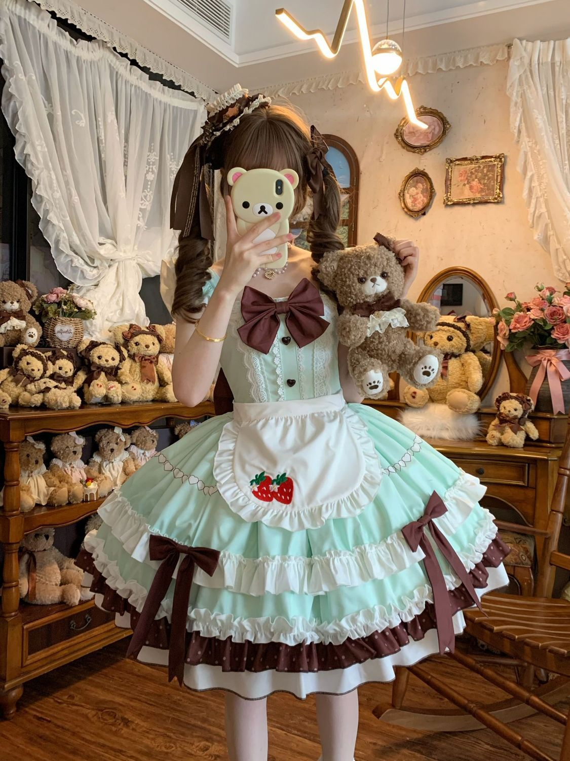 Strawberry Apron Ruffled Maid Lolita Dress with Bow Accent