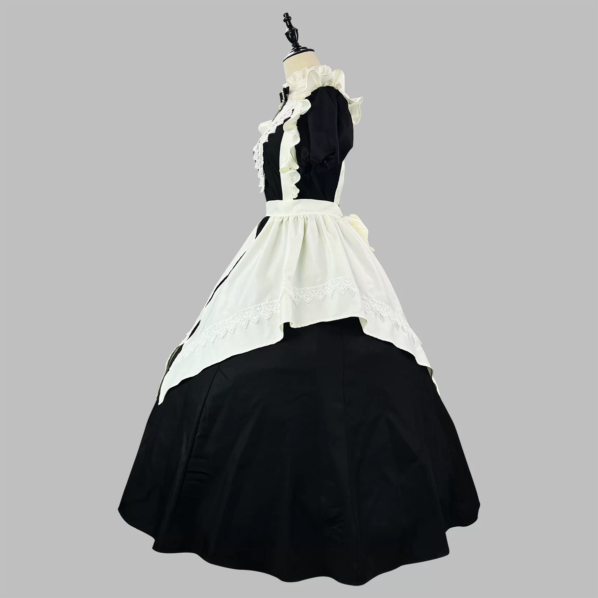 Classic Maid Lolita Short Sleeve Long OP Dress Set with V-Neck Lace Yoke and Pointed Apron