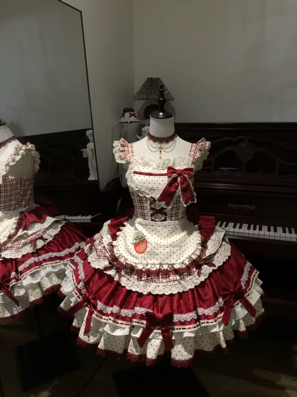 Sweet Strawberry Maid Lolita JSK Dress Set with Polka Dot Apron and Crisscross Laced Bodice