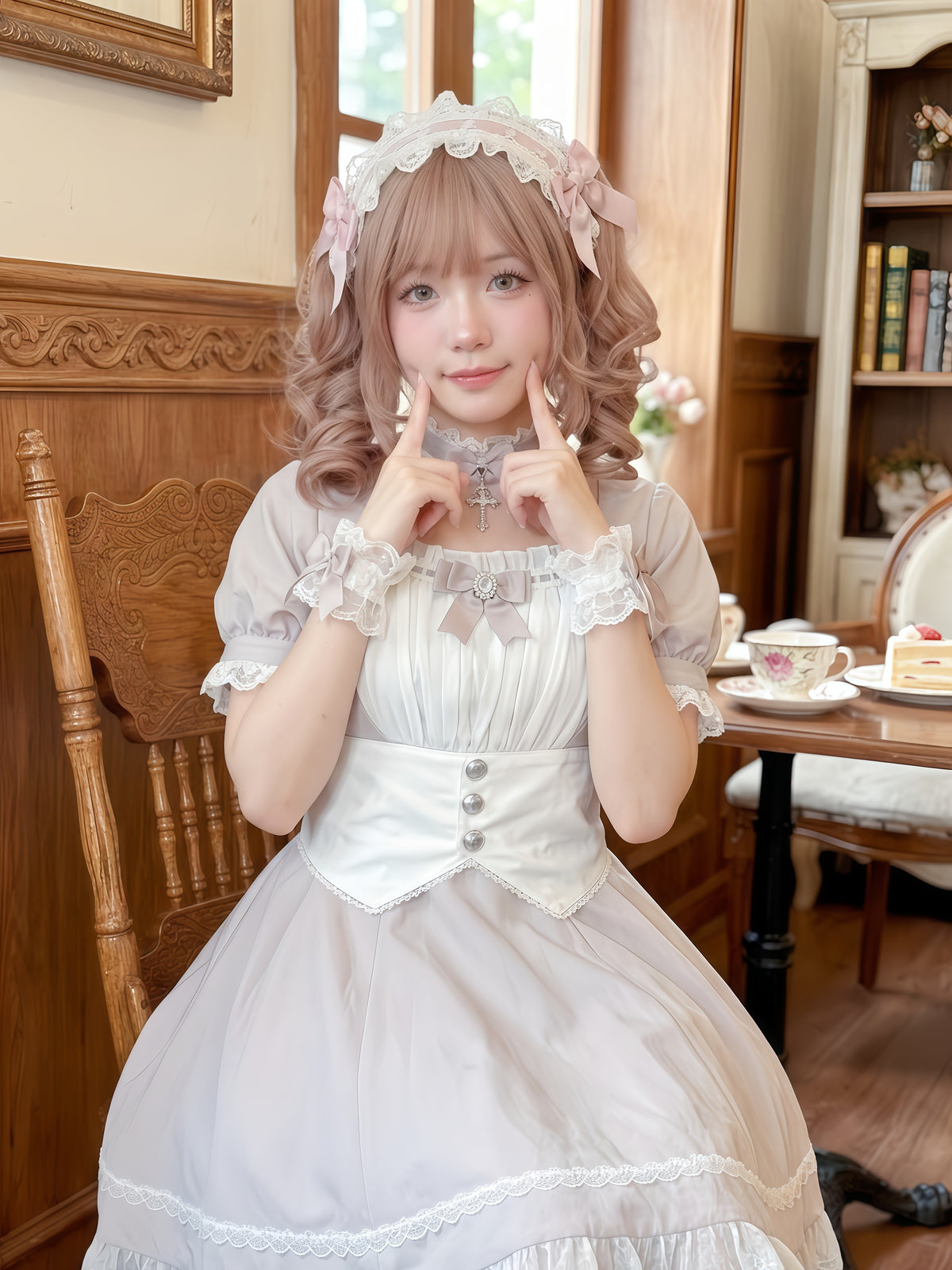 Sweet Maid Lolita Short Sleeve OP Dress with Button Waist Band and Pleated Bodice