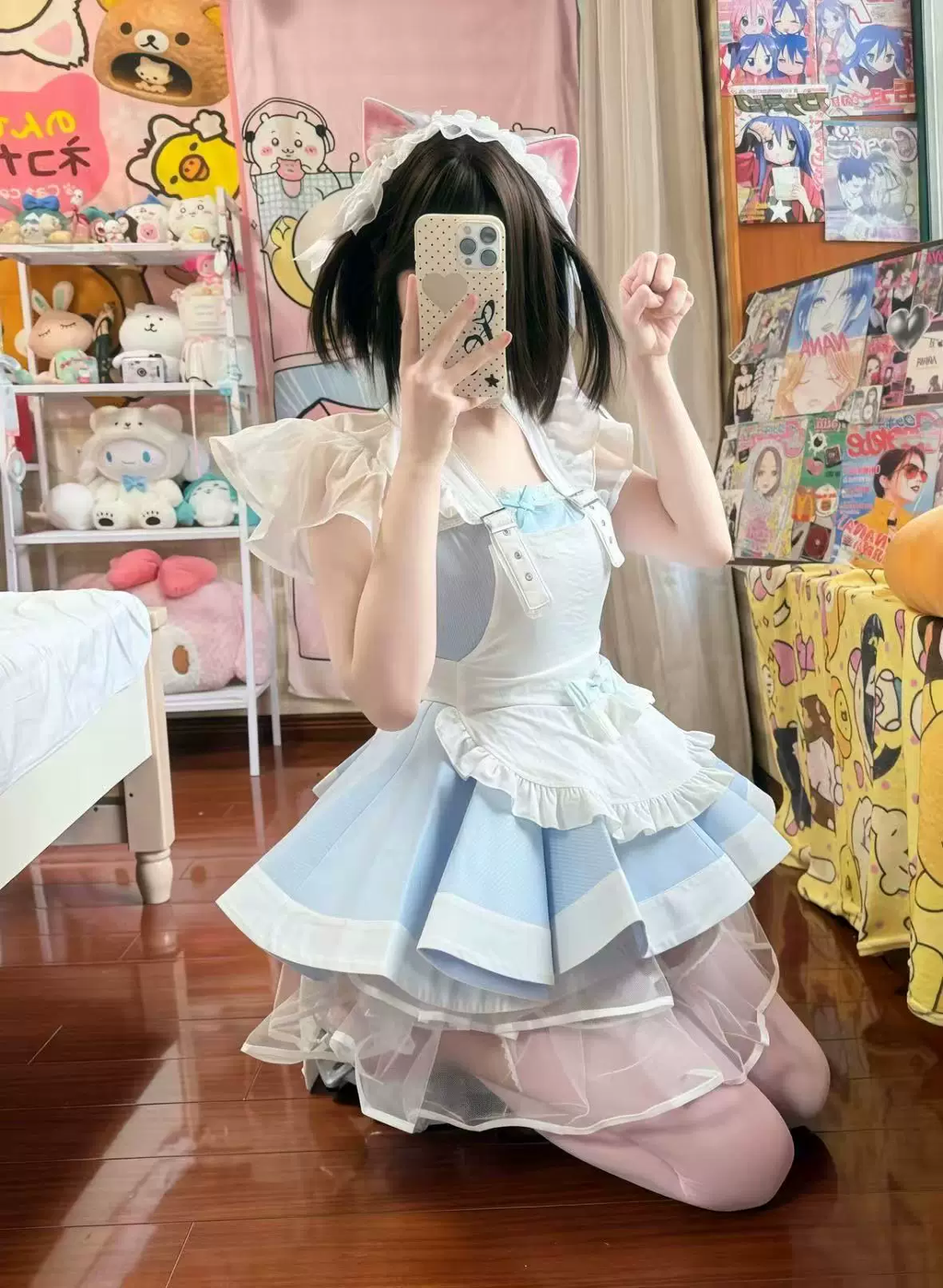 Sweet Maid Lolita Short Sleeve OP Dress Set with High-Waist Heart Buckle Belt and Fitted Waistband