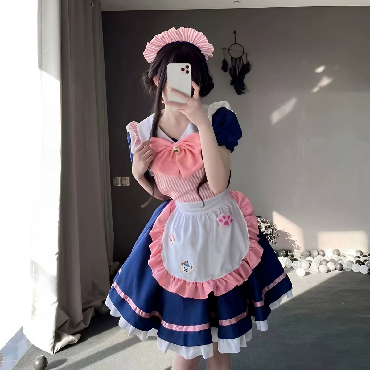 Sweet Maid Lolita Short Sleeve OP Dress Set with Pleated Chest Panel and Pearl Bow Accent