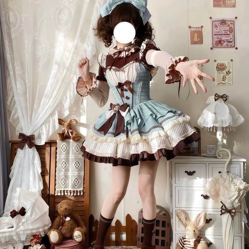 Sweet Lolita JSK Dress with Chocolate Grid Pattern and Heart Badge Waist Bow