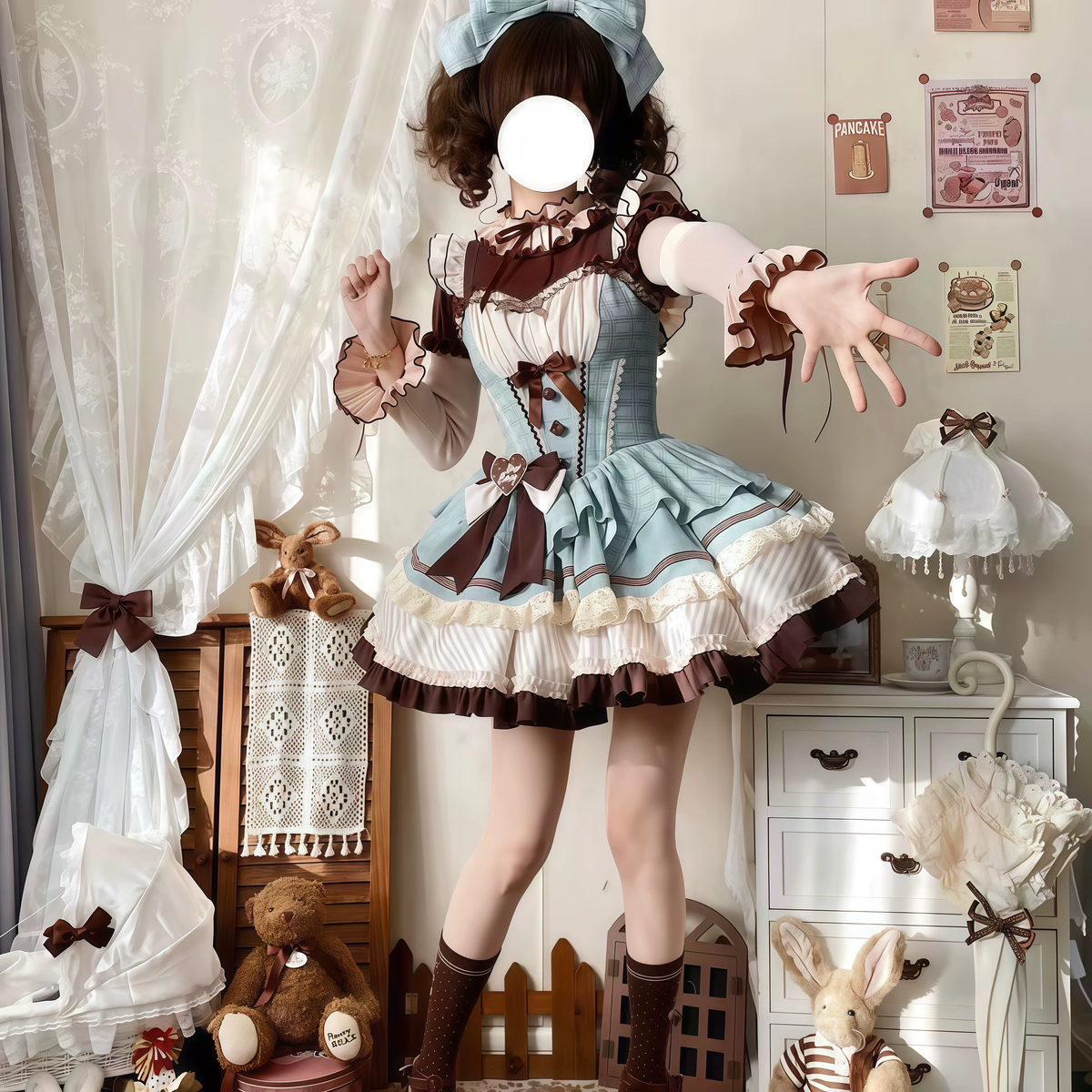 Sweet Lolita JSK Dress with Chocolate Grid Pattern and Heart Badge Waist Bow