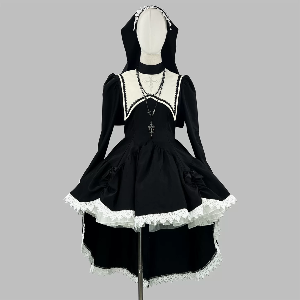 Gothic Nun Lolita Long Sleeve OP Dress with Cross Embroidery and High-Low Hem