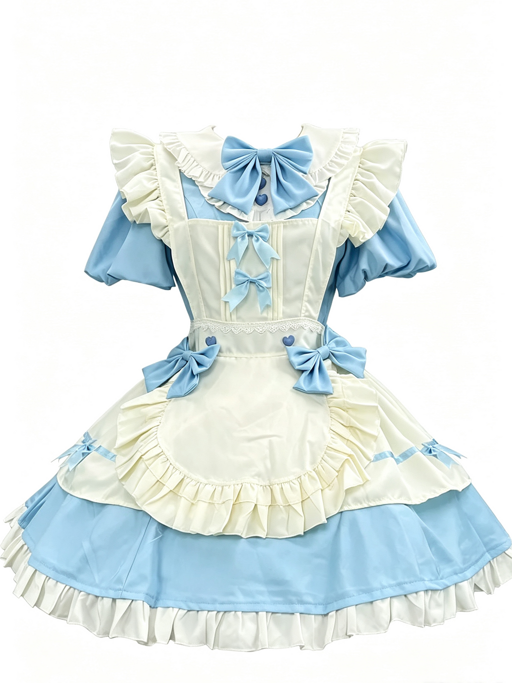 Blue and White Ruffled Lolita Dress with Apron Bow Accent