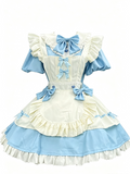 Blue and White Ruffled Lolita Dress with Apron Bow Accent