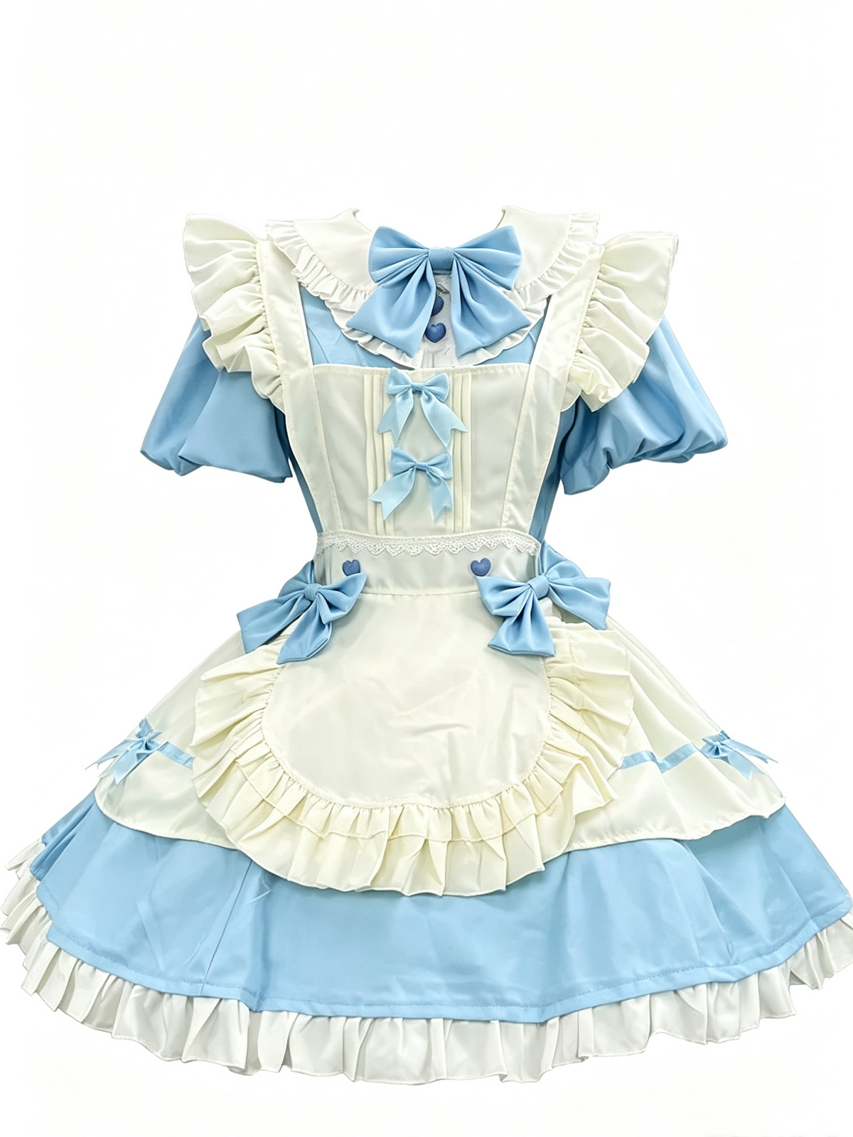Blue and White Ruffled Lolita Dress with Apron Bow Accent