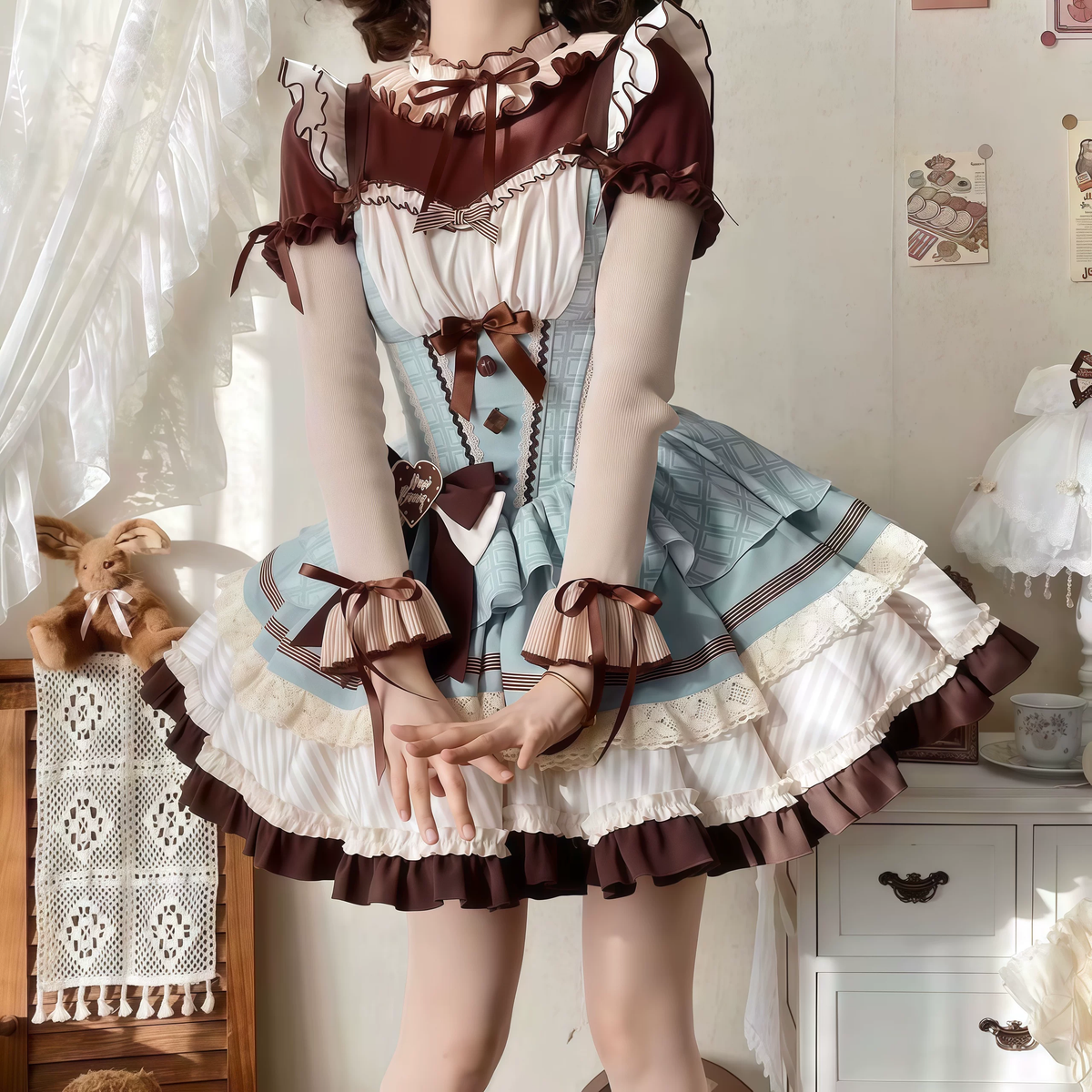 Sweet Lolita JSK Dress with Chocolate Grid Pattern and Heart Badge Waist Bow