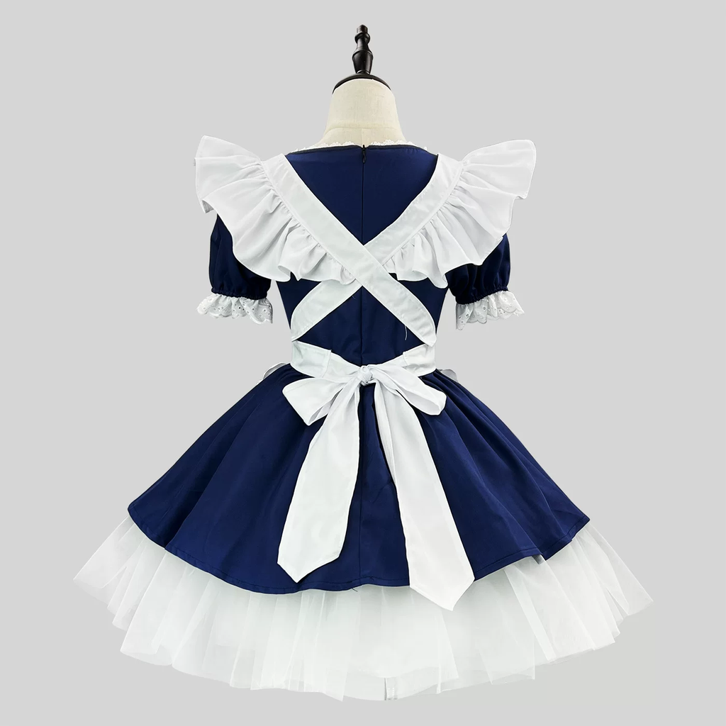 Navy Blue and White Lace Maid Lolita Dress Set with Bows