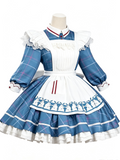 Blue Plaid Lolita Dress with White Apron Long Sleeve Sweet Outfit