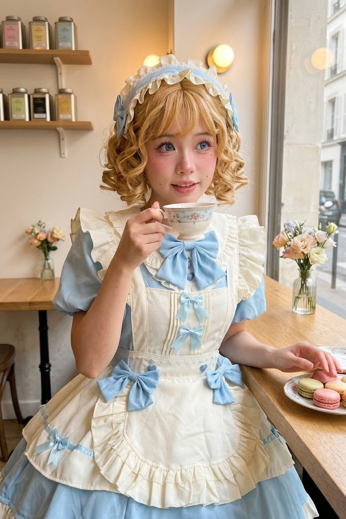 Blue and White Ruffled Lolita Dress with Apron Bow Accent