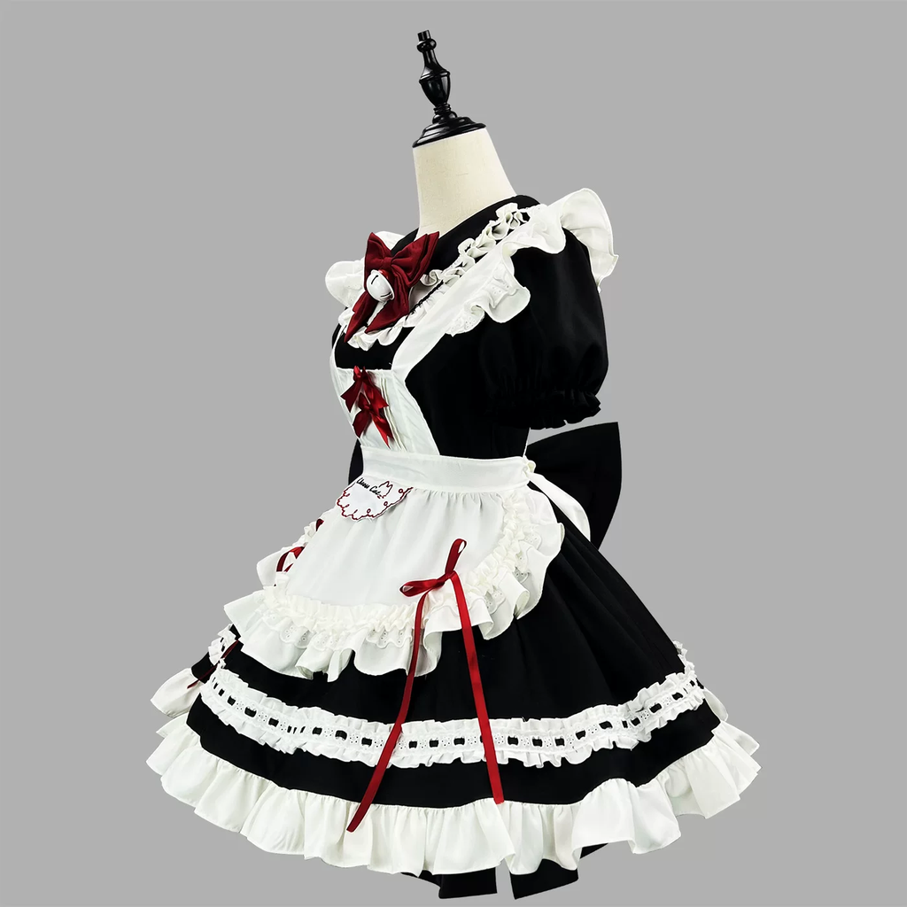 Sweet Maid Lolita Short Sleeve OP Dress Set with Velvet Bell Bow and Embroidered Cat Pocket Apron