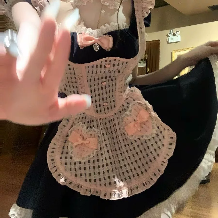 Sweet Maid Lolita Short Sleeve OP Dress Set with Gingham Collar and Heart Pocket Apron