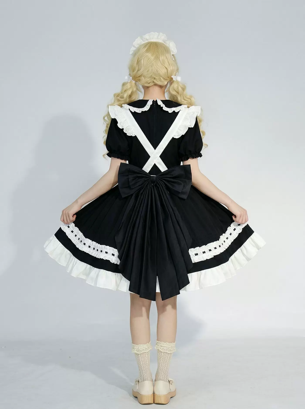 Sweet Maid Lolita Short Sleeve OP Dress Set with Velvet Bell Bow and Embroidered Cat Pocket Apron