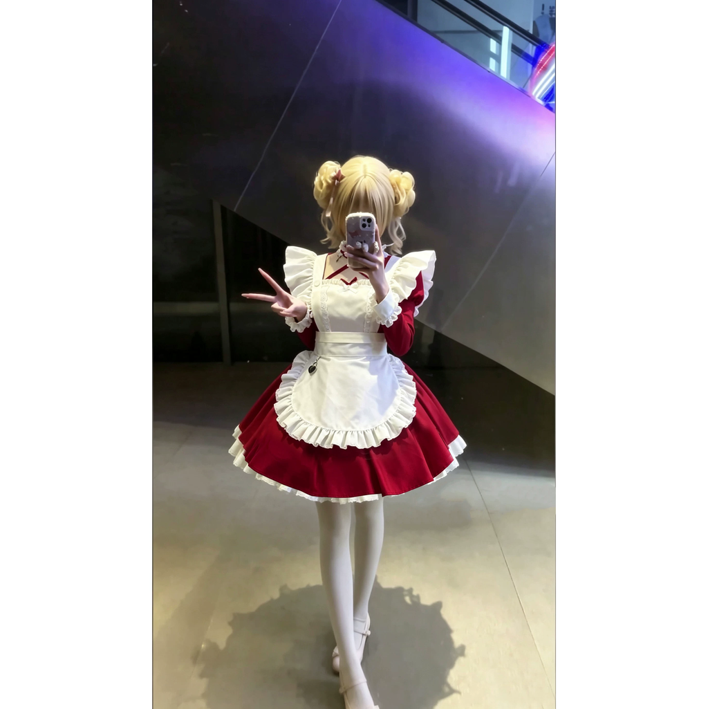 Classic Maid Lolita Long Sleeve OP Dress Set with Crisscross Neckline and Heart Pendant Apron