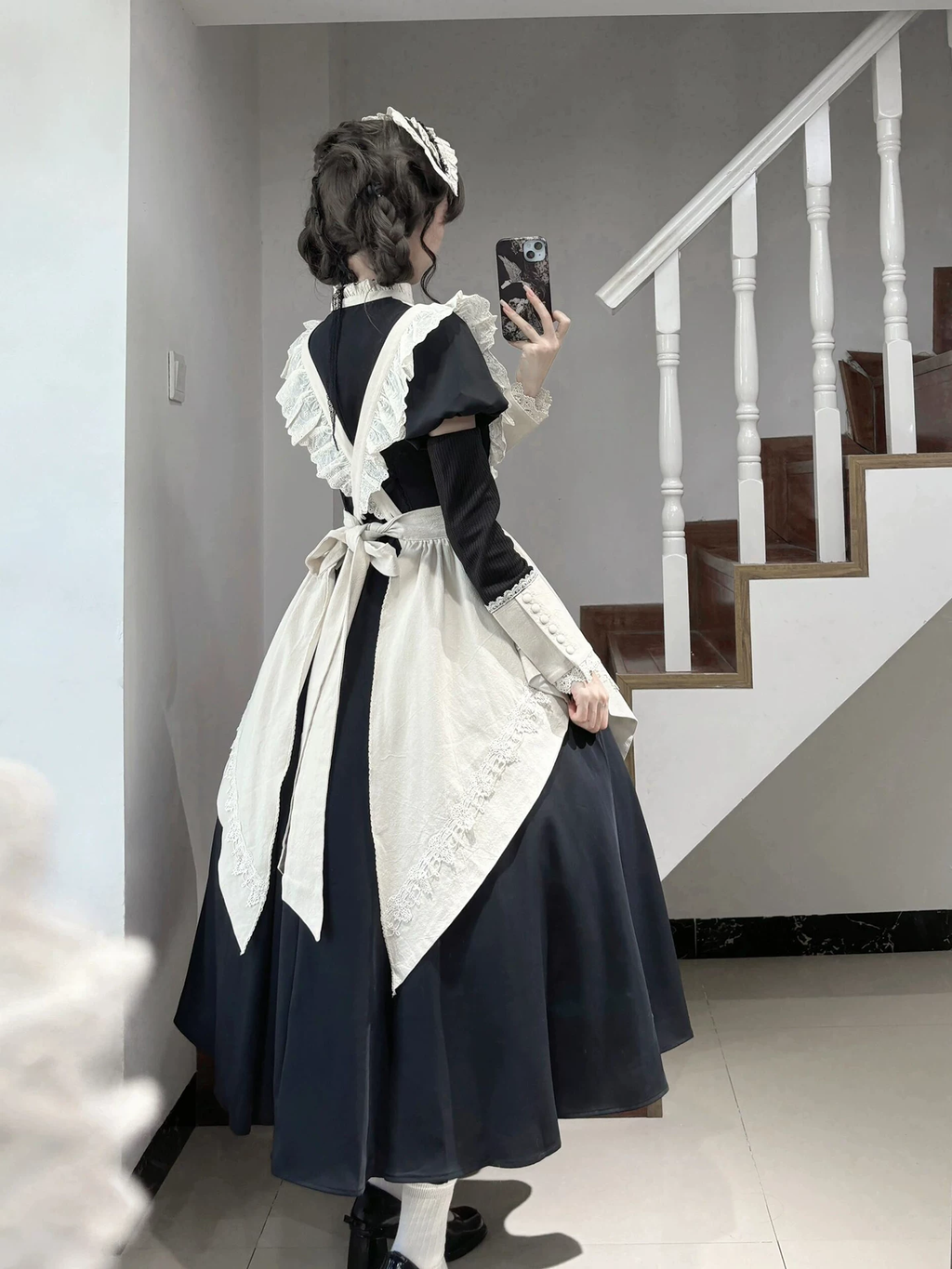 Classic Maid Lolita Short Sleeve Long OP Dress Set with V-Neck Lace Yoke and Pointed Apron