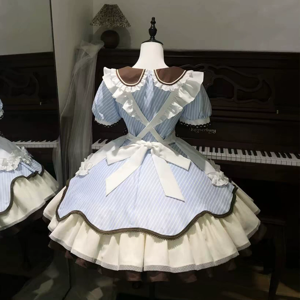 Sweet Maid Lolita Short Sleeve OP Dress Set with Striped Pattern and Baking Bear Embroidery