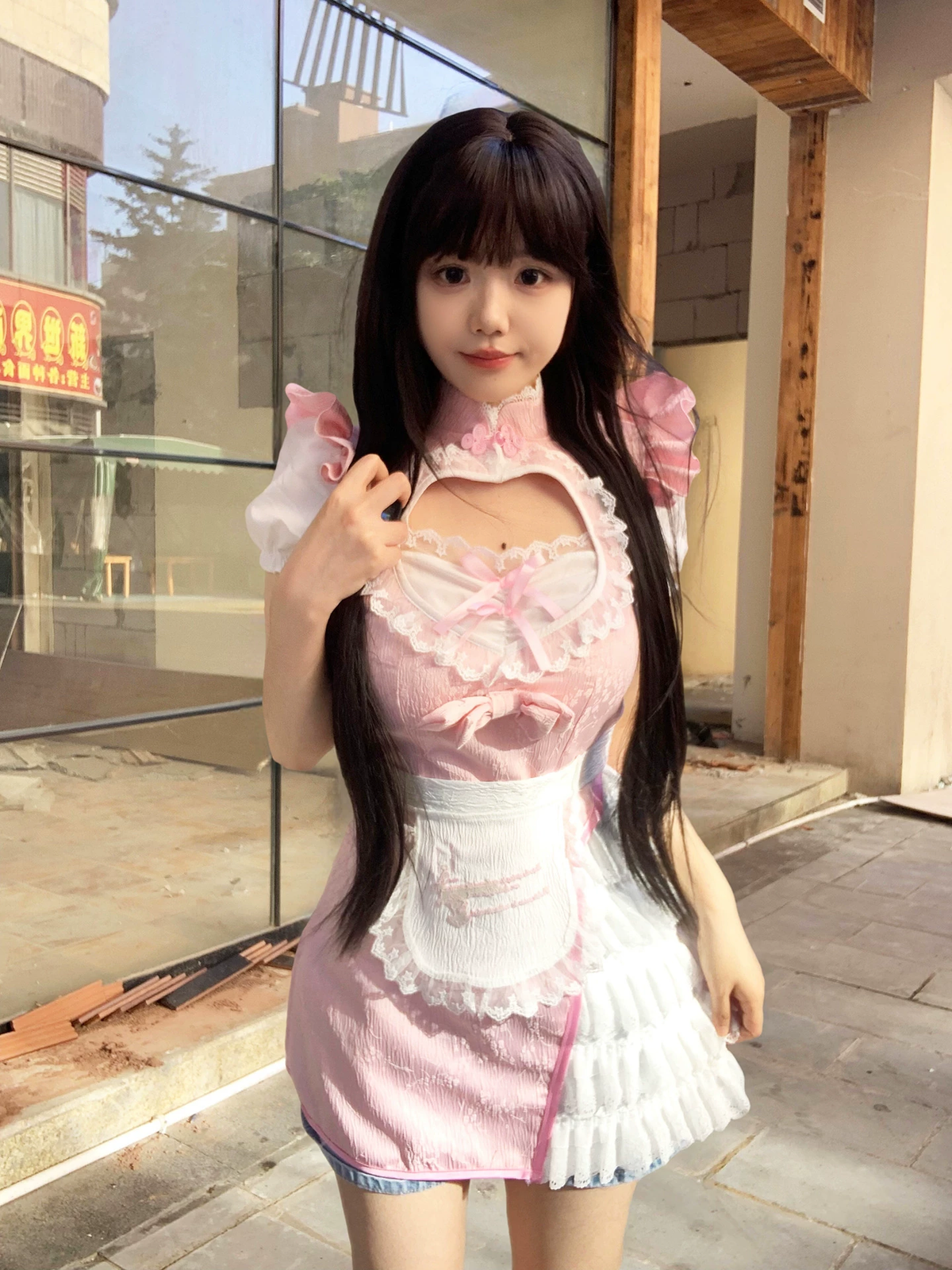 Sweet Maid Lolita Short Sleeve OP Dress Set with Heart Cutout Yoke and Side Ruffle Overlay