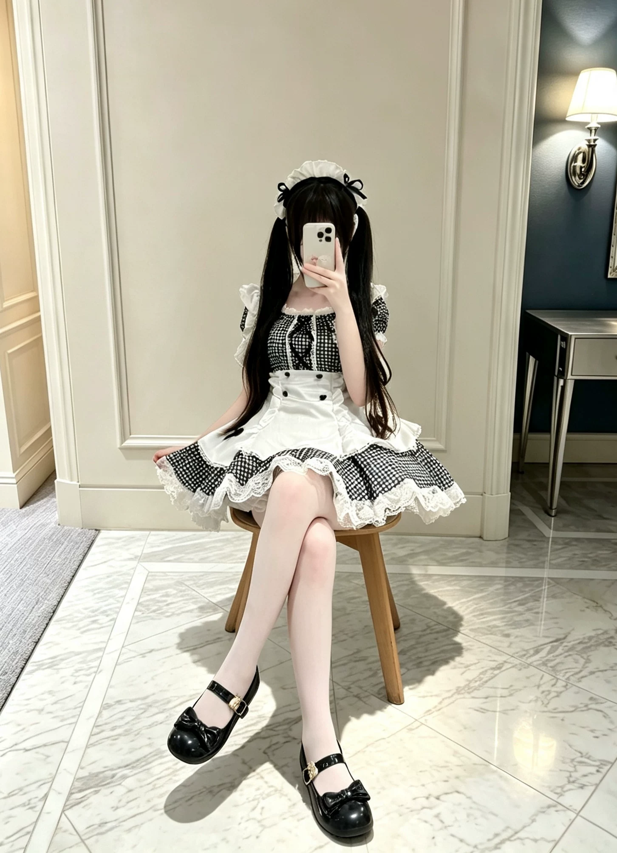Sweet Maid Lolita Short Sleeve OP Dress Set with Houndstooth Pattern and Double-Breasted Apron