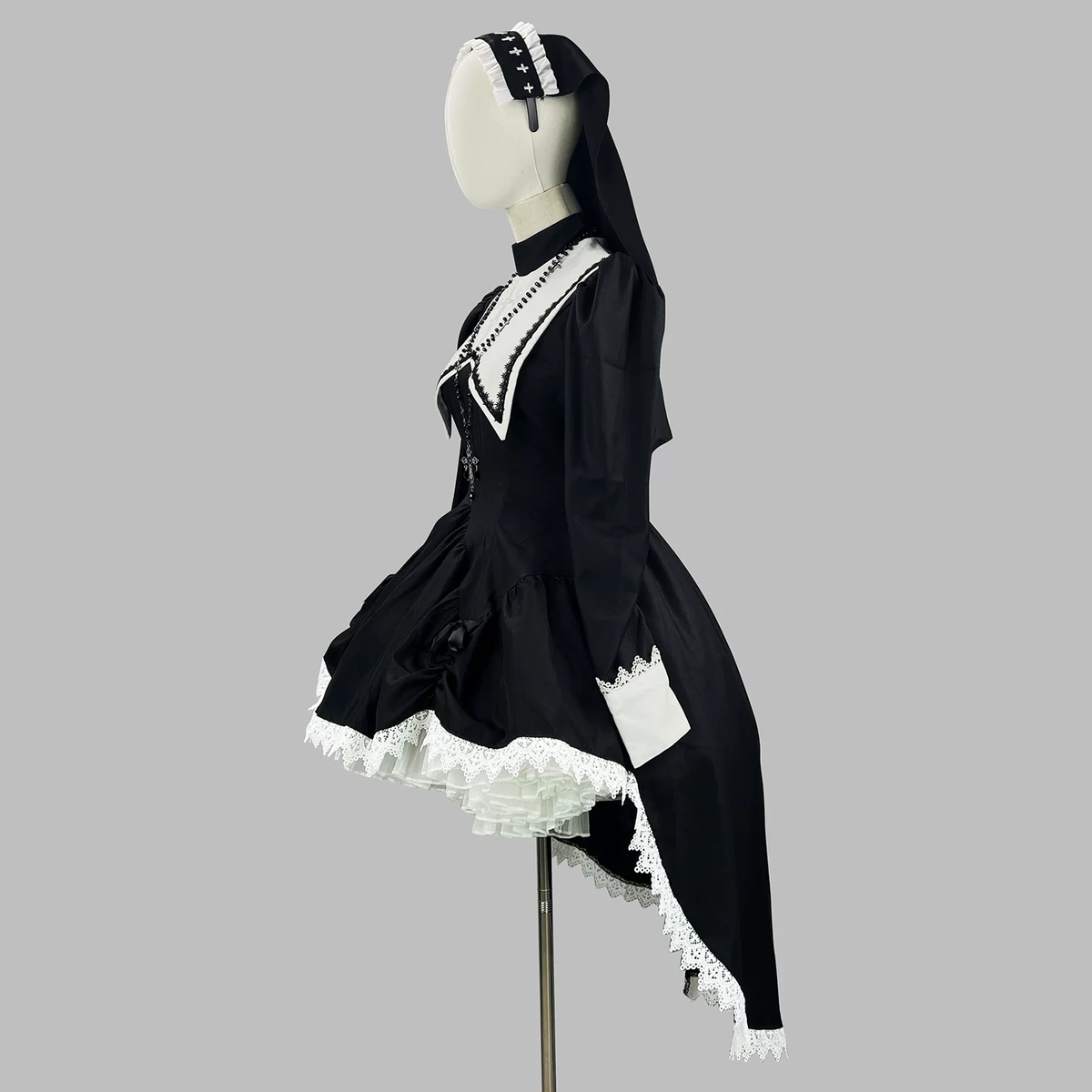 Gothic Nun Lolita Long Sleeve OP Dress with Cross Embroidery and High-Low Hem