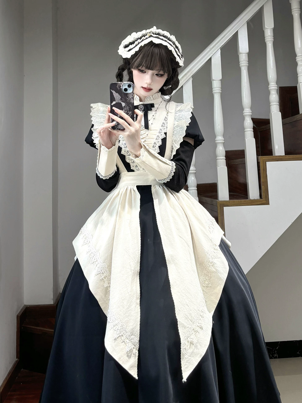 Classic Maid Lolita Short Sleeve Long OP Dress Set with V-Neck Lace Yoke and Pointed Apron