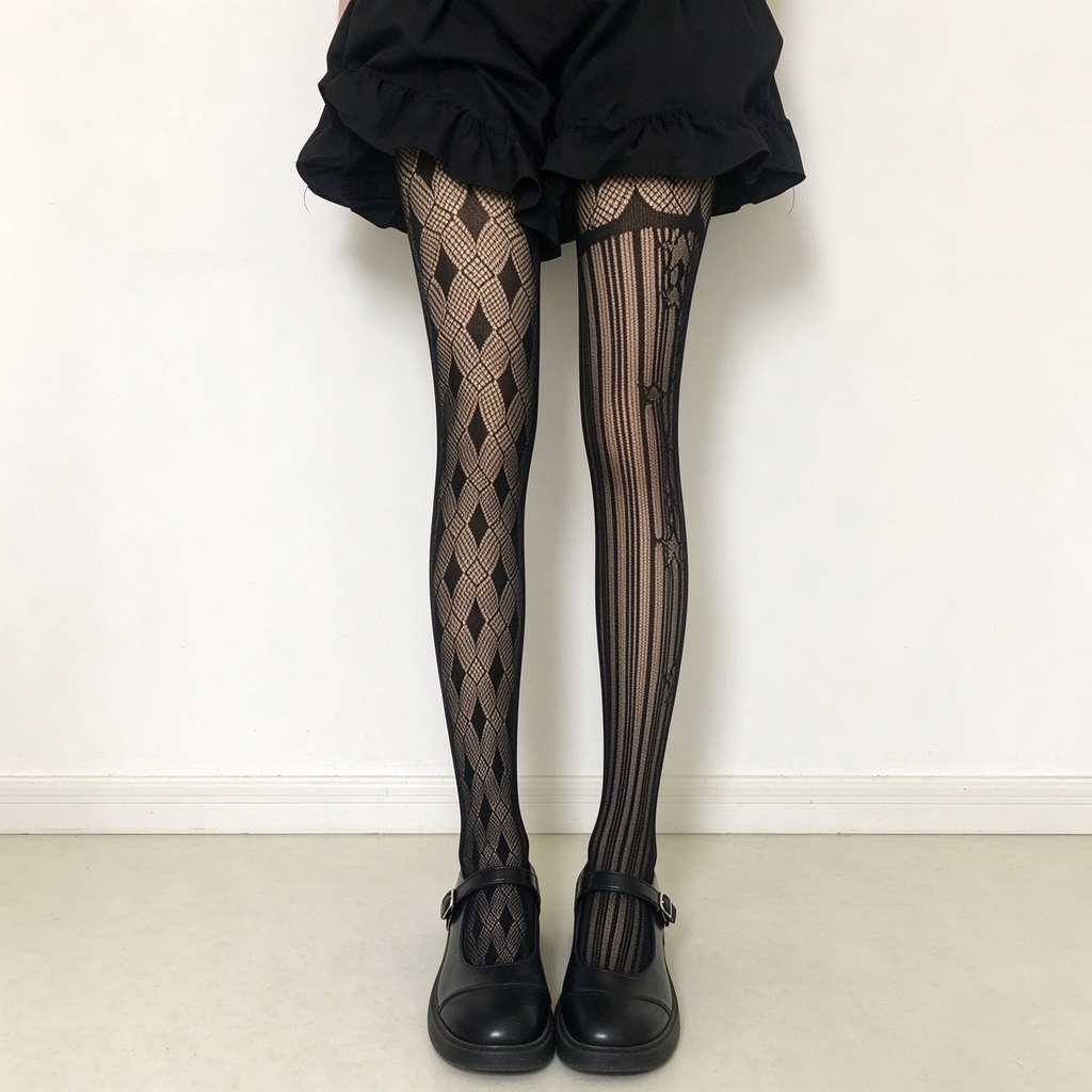 Black and White Argyle Floral Patterned Sheer High-Thigh Lolita Stockings