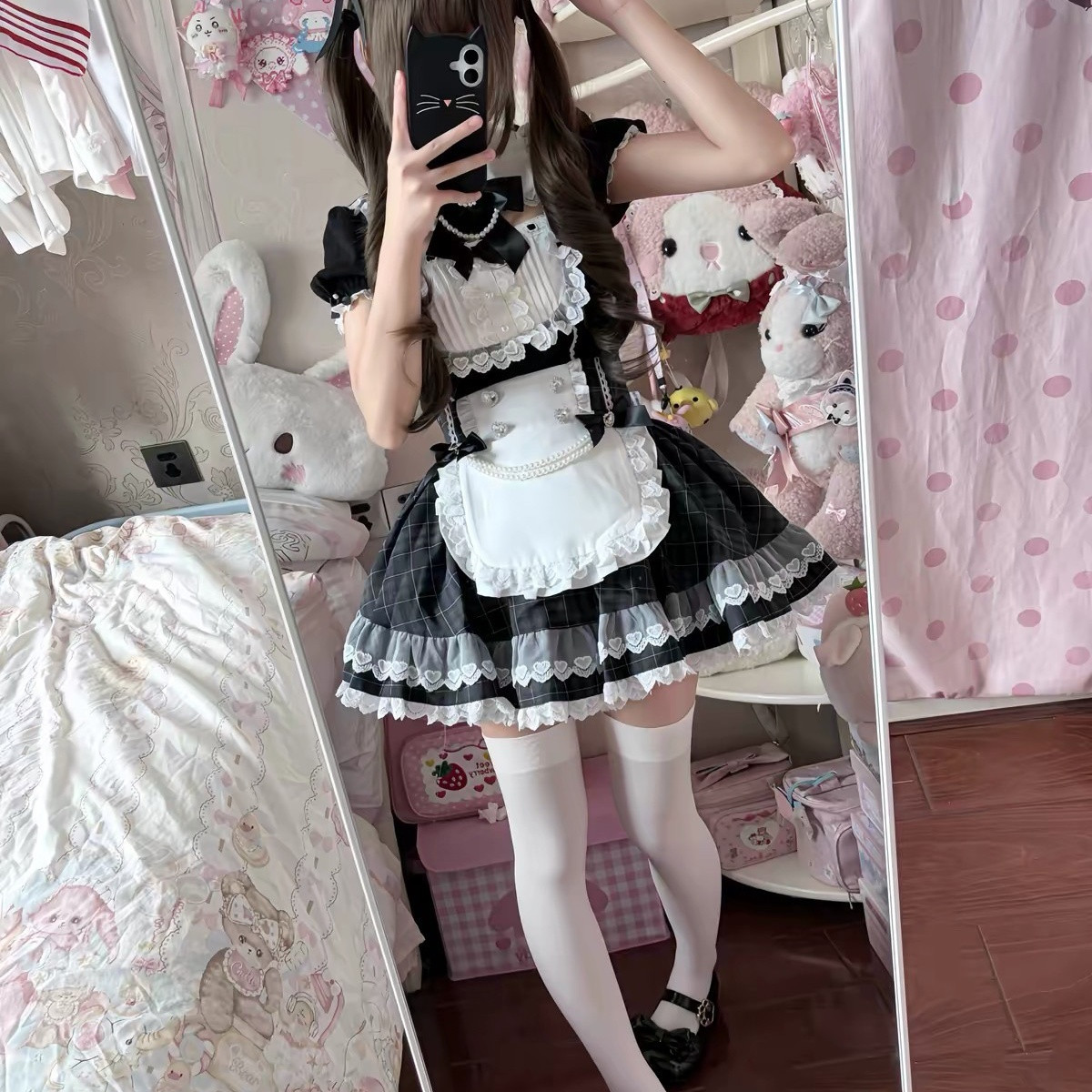Black Plaid Ruffled Maid Lolita Dress with Apron Bow Accent