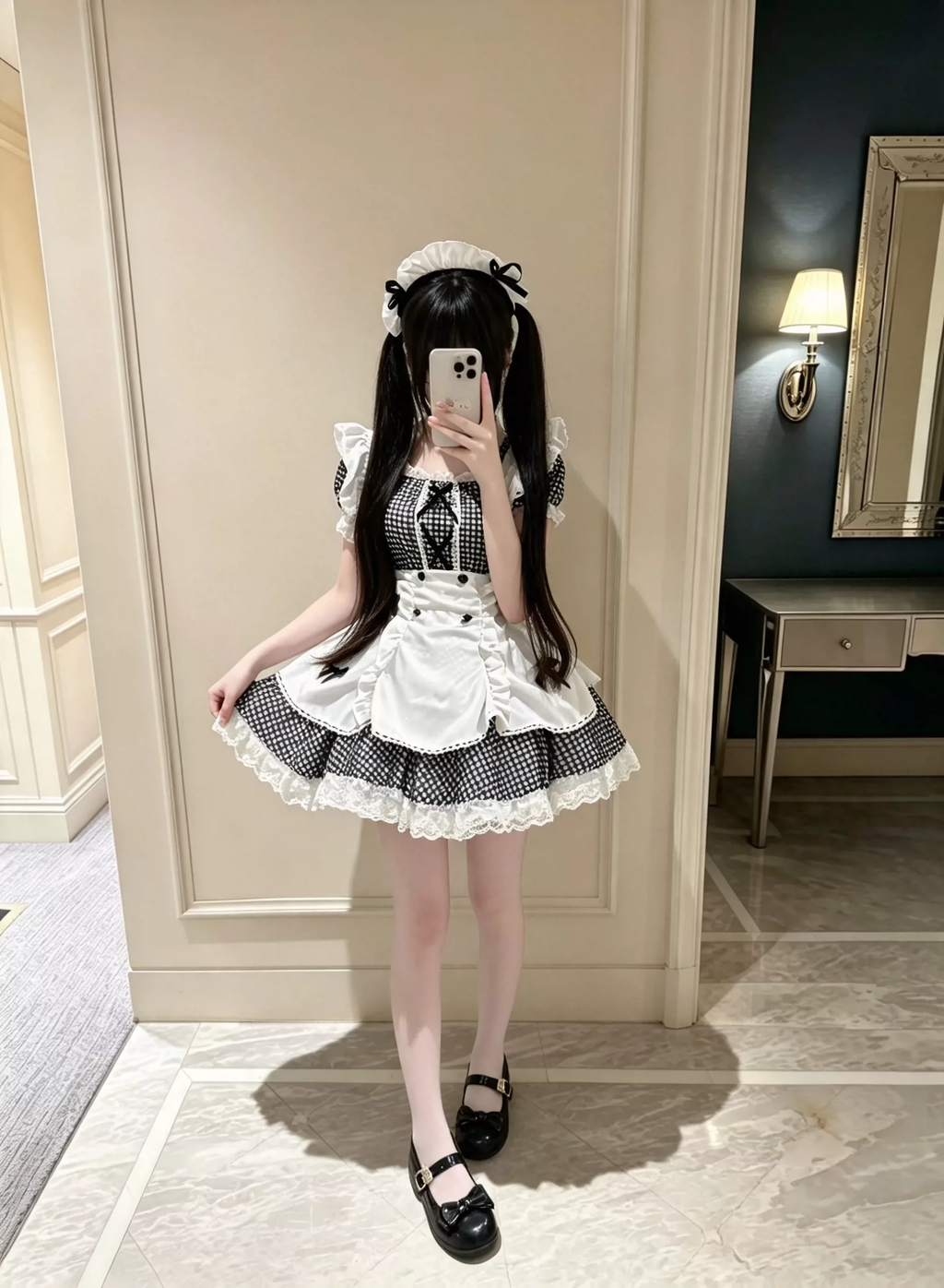 Sweet Maid Lolita Short Sleeve OP Dress Set with Houndstooth Pattern and Double-Breasted Apron