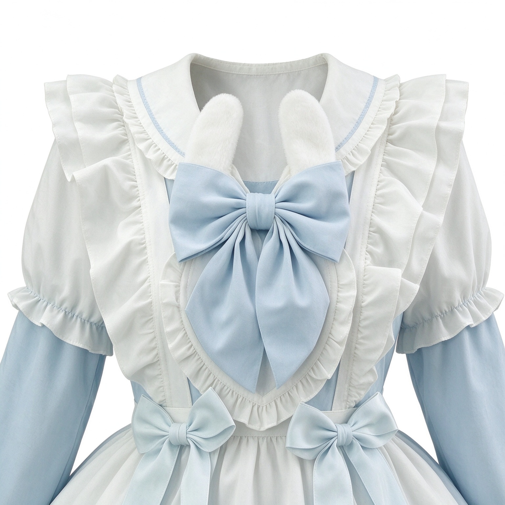 Sweet Maid Lolita OP Dress Set with Detachable Sleeves and Plush Pom-Pom Ribbon Apron