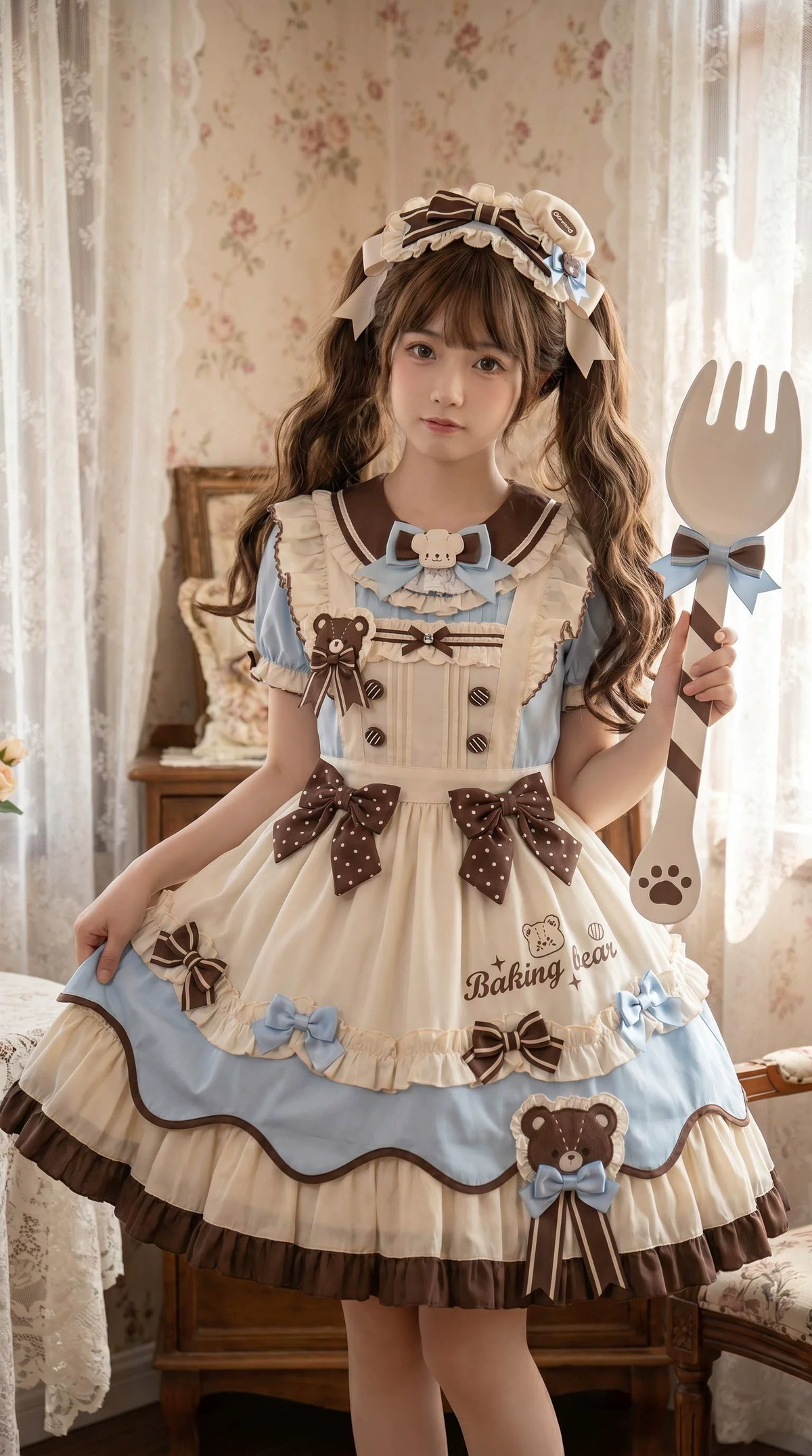 Sweet Maid Lolita Short Sleeve OP Dress Set with Striped Pattern and Baking Bear Embroidery